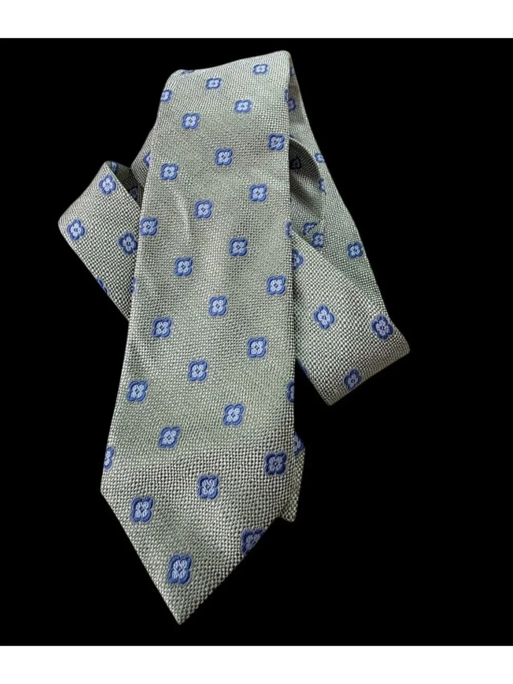 Peter Millar Handfolded Silk Tie Sage Green Blue Medallion Woven Texture 3.25x60